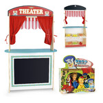  Wooden theater and shop - 2 in 1 - with groceries and set of puppets - Puss in Boots