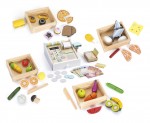 Wooden food mix with fruit, vegetables, fish, meat and pizza  + wooden cash register
