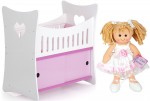 White and pink wooden doll bed with cabinet + doll A