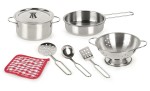 Kitchen set of metal pots and pans with a soft cloth