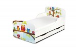 Wooden bed for children - Owls UV print - with a drawer and 140x70 mattress