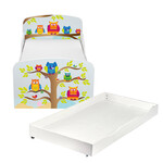 Wooden bed for children - Owls UV print - with a drawer and 140x70 mattress
