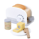 Wooden toaster with bread, butter and honey
