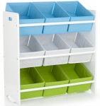 White wooden storage unit with 9 textile containers