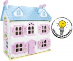 Beautiful wooden dollhouse - Alpine Villa - with furniture and a family of dolls + LED lights