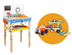 Play set:  Wooden workbench - Junior Constructor & wooden trailer with cars - Happy Roman 