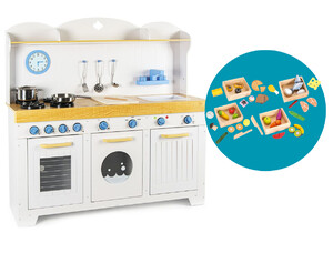 Wooden children's kitchen in white and blue - Saint Tropez + 4 boxes of groceries