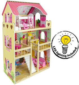 Large wooden dollhouse -  Residence - with furniture and a family of dolls + LED lights