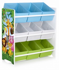 White wooden storage unit with 9 textile containers - Jungle Animals