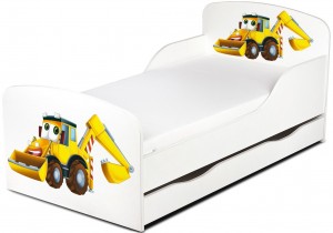 Wooden bed for children - Mr Excavator UV print - with a drawer and 140x70 mattress
