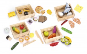 Wooden food mix with fruit, vegetables, fish, meat and pizza