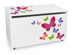 Large XXL wheeled wooden toy box with stool seat - Butterflies