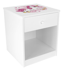 Wooden bedside cabinet - Pink Unicorn - with a drawer and a shelf