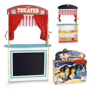  Wooden theater and shop - 2 in 1 - with groceries and set of puppets - Aladdin 