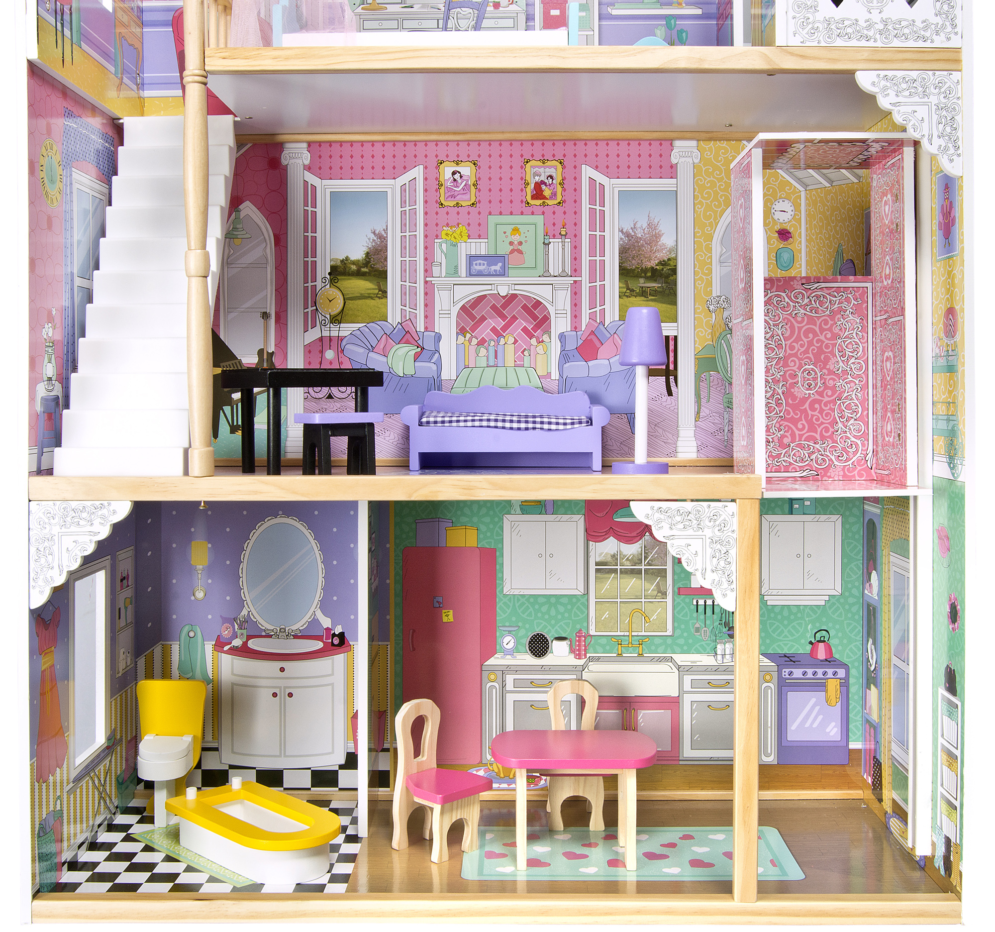 Large wooden dollhouse - Pink Mansion - with furniture and a lift